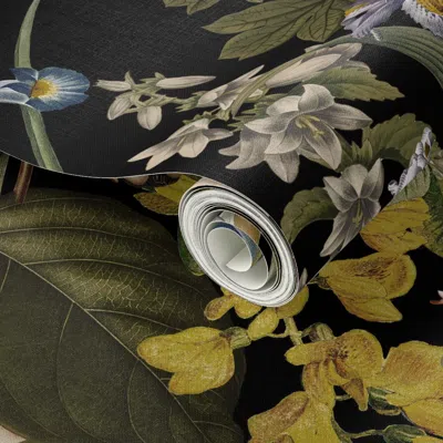 Spoonflower Peel And Stick Wallpaper 14" Exotic Dramatic Vintage Passiflora Flowers Night Garden - Sepia 2' X 12