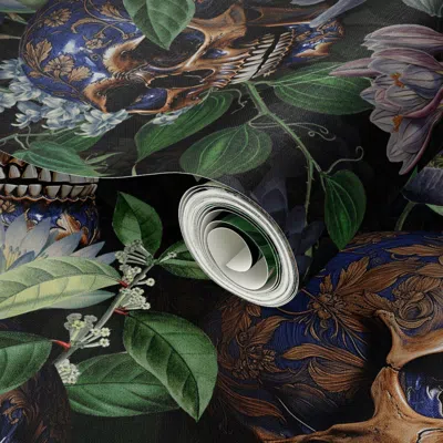 Spoonflower Peel And Stick Wallpaper 14 Girly Gothic Antique Goth Nightfall A Vintage Floral Pattern With Skulls
