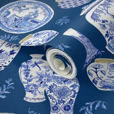 Spoonflower Peel And Stick Wallpaper 18" Chinoiserie Ginger Jars Blue And White  Removable