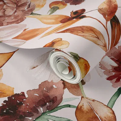 Spoonflower Peel And Stick Wallpaper 18" Hand Painted Fall Watercolor Botanical Flowers Garden On Blush Pink 2' 
