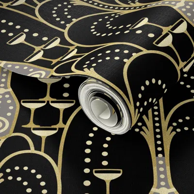 Spoonflower Peel And Stick Wallpaper 1920s Art Deco Champagne Fountain - Black - Faux Gold Foil - Large 2' X 12'