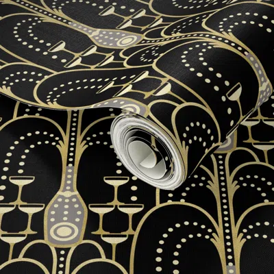 Spoonflower Peel And Stick Wallpaper 1920s Art Deco Champagne Fountain - Black - Faux Gold Foil - Medium 2' X 12