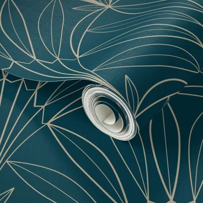 Spoonflower Peel And Stick Wallpaper 1920s Art Deco Palm Leaves Outline Teal 2' X 12' Removable