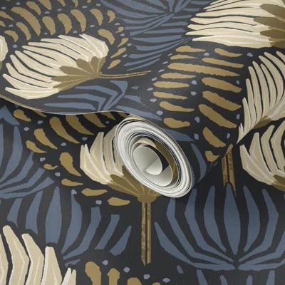 Spoonflower Peel And Stick Wallpaper 1920s Luxury Deco Floral - Black Cream Gold Blue - Large 2' X 12' Removable