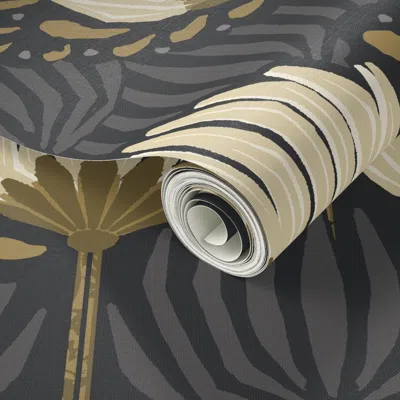 Spoonflower Peel And Stick Wallpaper 1920s Luxury Deco Floral - Black Cream Gold Gray - Jumbo 2' X 12' Removable