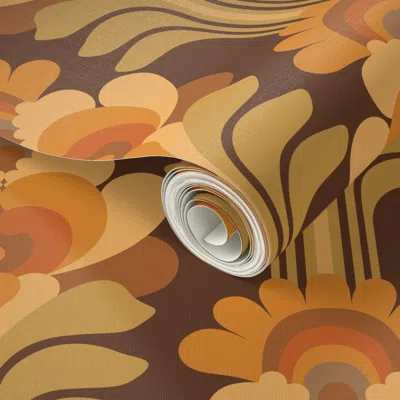 Spoonflower Peel And Stick Wallpaper 1970s Peekaboo Rainbow Floral In Mid Century Brown 2' X 12' Removable