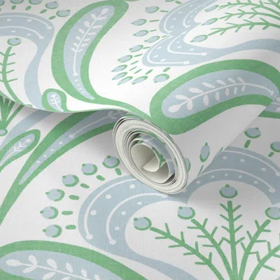 Spoonflower Peel And Stick Wallpaper 1970s Scandi Floral Folk Art Grandmillennial Blue And Green Scallops (l) 2'