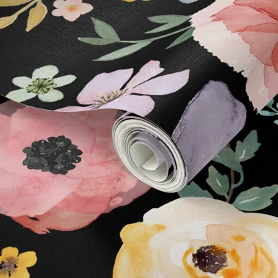 Spoonflower Peel And Stick Wallpaper 21" Floral Fiesta / Black 2' X 12' Removable