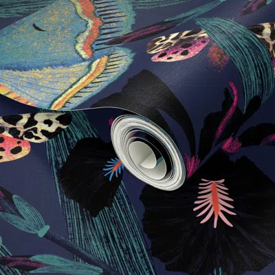 Spoonflower Peel And Stick Wallpaper 24" Dutch Iris & Moths At Night Moody Saturated Navy Goth Maximalist Xl 2' 