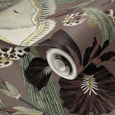 Spoonflower Peel And Stick Wallpaper 24 '' Dutch Iris Flower Moths Muted Maximalist Magical Witchy Goth 2' X 12'