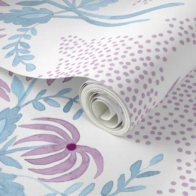 Spoonflower Peel And Stick Wallpaper 24" Pearl's Lilac Blues On White 2' X 12' Removable