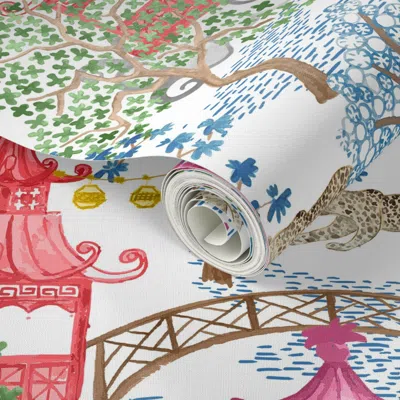 Spoonflower Peel And Stick Wallpaper 24" Ruth Party Leopards In Pagoda Forest Blue Teal Copy 2' X 12' Removable