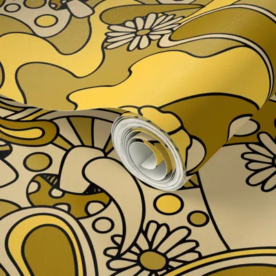 Spoonflower Peel And Stick Wallpaper 70s Psychedelic Monotone Gold 2' X 12' Removable