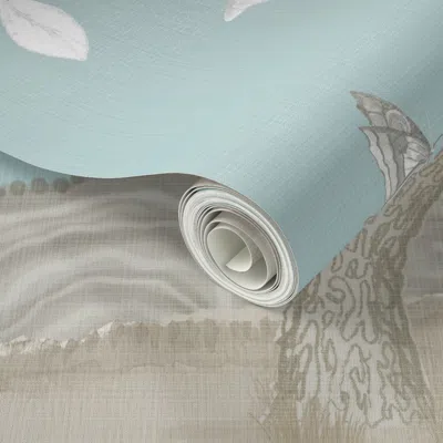 Spoonflower Peel And Stick Wallpaper 9' Robins Egg Citrus Blossom Tree Panel1 2' X 12' Removable