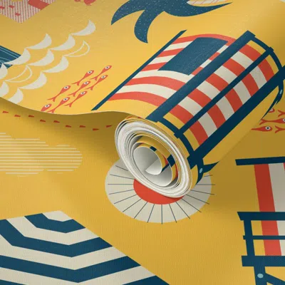 Spoonflower Peel And Stick Wallpaper A Day At The Beach - Yellow  Removable