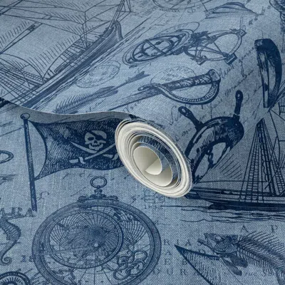 Spoonflower Peel And Stick Wallpaper Ahoy Pirates Adventure Of The Seven Seas Blue Denim 2' X 12' Removable