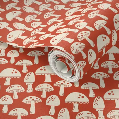 Spoonflower Peel And Stick Wallpaper Alabaster Little Mushrooms On Red - Small  Removable