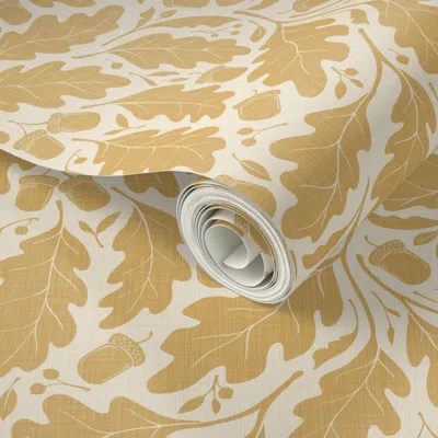 Spoonflower Peel And Stick Wallpaper Alona Oak & Acorn Damask - Gamboge - Texture Ii - Small Scale  Removable In Brown