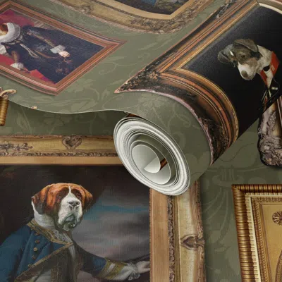 Spoonflower Peel And Stick Wallpaper Ancient Fluffy Dog Breeds Funny Gold Framed Museum Portraits For Dog Lovers