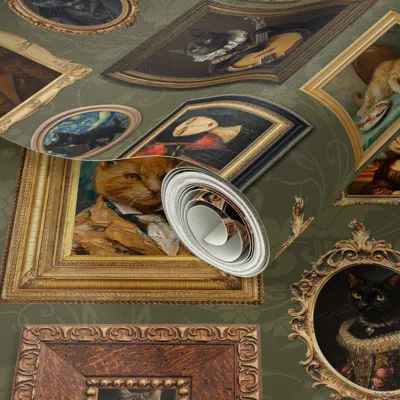 Spoonflower Peel And Stick Wallpaper Ancient Fluffy Funny Gold Framed Museum Portraits Art Wall Collection For  