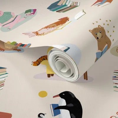 Spoonflower Peel And Stick Wallpaper Animal Readers - Cream 2' X 12' Removable