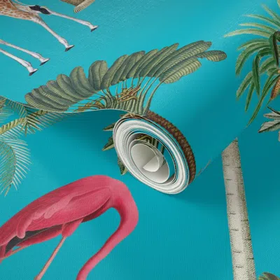 Spoonflower Peel And Stick Wallpaper Antique Africa Tropical Wild Animals Birds Jungle Safari - Palm Trees Blue 