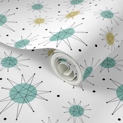 Spoonflower Peel And Stick Wallpaper Aqua Blue And Yellow Franciscan Starburst Mid-century Modern - 6" Scale 2' 