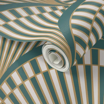 Spoonflower Peel And Stick Wallpaper Art Deco 1920's Fan - Deep Teal And Bronze Gold - Geometric Fan 2' X 12' Re In Green