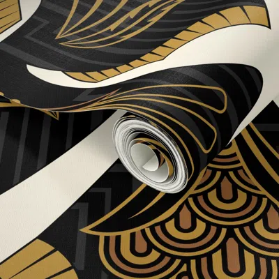 Spoonflower Peel And Stick Wallpaper Art Deco Birds In Cream On A Black Background With Gold Leaves Large 2' X 1