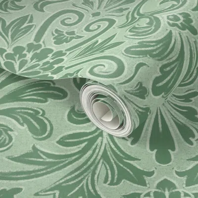 Spoonflower Peel And Stick Wallpaper Art Deco Block Print Floral And Foliage Damask In Green Monochromatic 2' X 