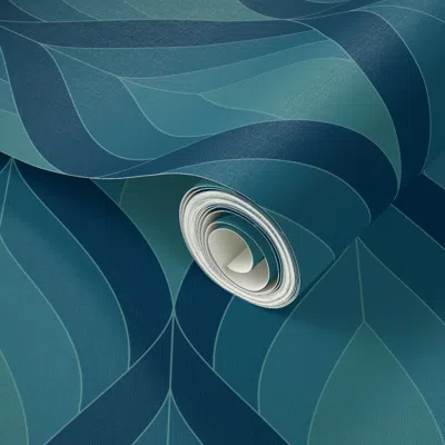 Spoonflower Peel And Stick Wallpaper Art Deco Blossoms - Cerulean Dream - Medium Scale 2' X 12' Removable