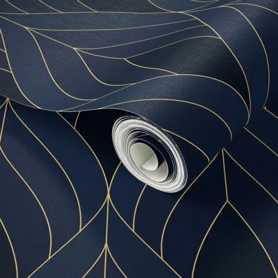 Spoonflower Peel And Stick Wallpaper Art Deco Blossoms - Dark Black/blue Tones With Golden Lines - Medium Scale 