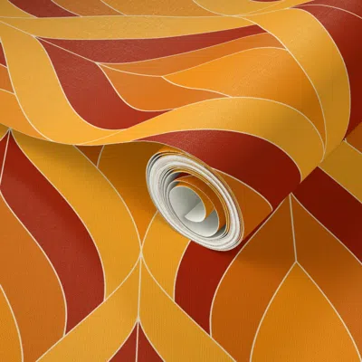 Spoonflower Peel And Stick Wallpaper Art Deco Blossoms - Flames Orange Red - Medium Scale 2' X 12' Removable In Multi