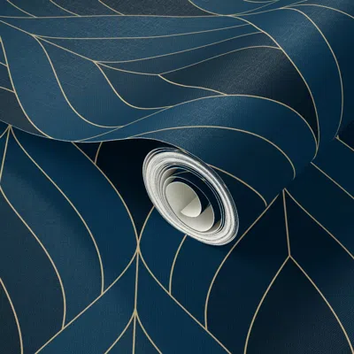 Spoonflower Peel And Stick Wallpaper Art Deco Blossoms - Gorgeous Blue Tones With Golden Lines- Medium Scale 2' 