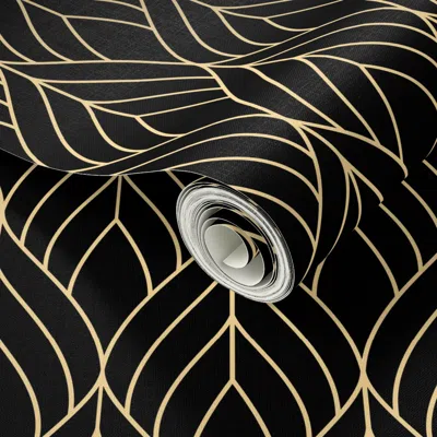 Spoonflower Peel And Stick Wallpaper Art Deco Blossoms - Thick Gold Lines On Black - Small Scale 2' X 12' Remova