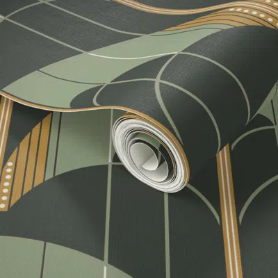 Spoonflower Peel And Stick Wallpaper Art Deco Cloud Stripes-olive Patina Golden Ochre Asphalt Gray  Removable