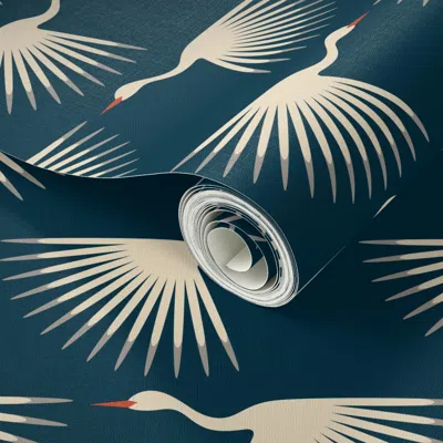 Spoonflower Peel And Stick Wallpaper Art Deco Cranes - Midnight 2' X 12' Removable In Multi