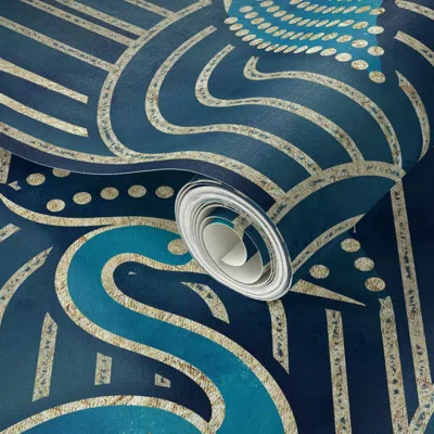 Spoonflower Peel And Stick Wallpaper Art Deco Cranes With Simple Gold Lines And Teal & Navy Watercolor Large  Re