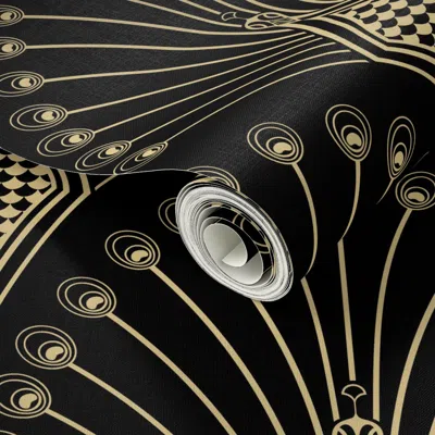 Spoonflower Peel And Stick Wallpaper Art Deco Dramatic Peacock Scallop - Vintage Glam Birds - Black And Gold 2' 