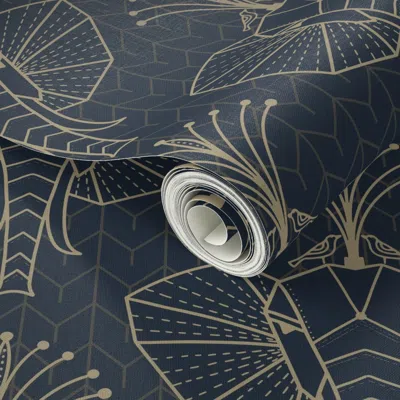 Spoonflower Peel And Stick Wallpaper Art Deco Elephants -- Navy Blue And Gold -- Medium  Removable