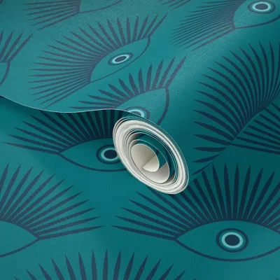 Spoonflower Peel And Stick Wallpaper Art Deco Evil Eye - Teal + Navy Blue 2' X 12' Removable
