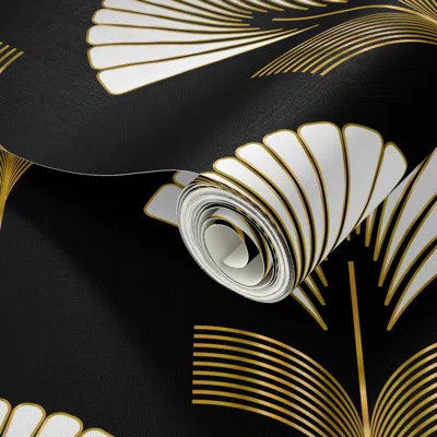 Spoonflower Peel And Stick Wallpaper Art Deco Fan Flowers With Faux Metallic Gold And White On Black - Small  Re