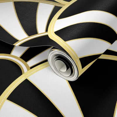 Spoonflower Peel And Stick Wallpaper Art Deco Fan In Black White And Gold 2' X 12' Removable In Multi