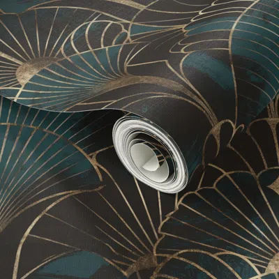 Spoonflower Peel And Stick Wallpaper Art Deco Fan Pattern In Teal & Gold 2' X 12' Removable
