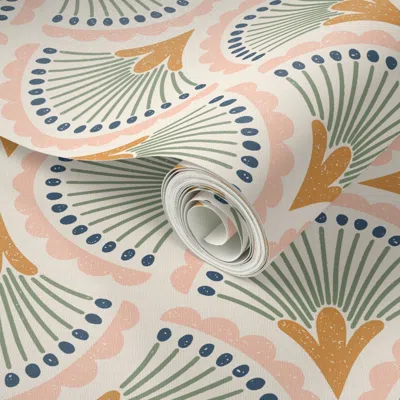Spoonflower Peel And Stick Wallpaper Art Deco Fan Stamp - Blue Pink 2' X 12' Removable