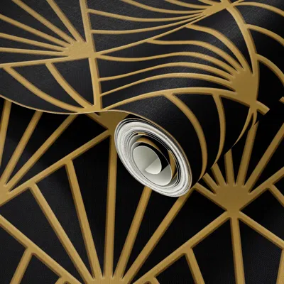 Spoonflower Peel And Stick Wallpaper Art Deco Fans With 3d Effect - Gold On Black 2' X 12' Removable