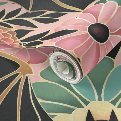 Spoonflower Peel And Stick Wallpaper Art Deco Floral Bats 2' X 12' Removable