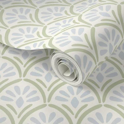 Spoonflower Peel And Stick Wallpaper Art Deco Floral Blue And Green Scallop 3in 2' X 12' Removable