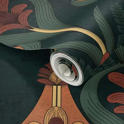 Spoonflower Peel And Stick Wallpaper Art Deco Floral Medallion Flowers Fans Branches Black Green Red Orange 2' X
