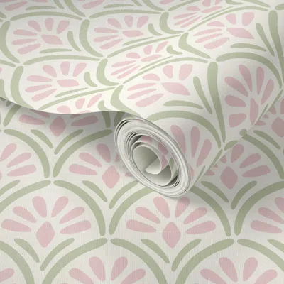 Spoonflower Peel And Stick Wallpaper Art Deco Floral Pink And Green Scallop 3in 2' X 12' Removable